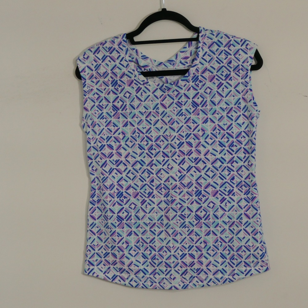 T by Talbots Womens Top P Blue Purple Geometric Sleeveless Keyhole Back Travel